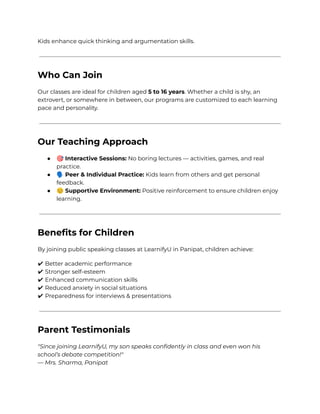 Public Speaking for Kids Panipat - LearnifyU | PDF