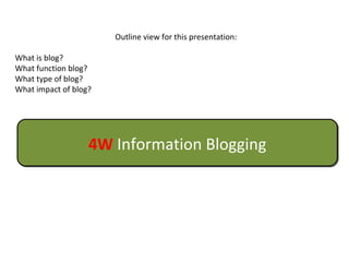 Outline view for this presentation: What is blog? What function blog? What type of blog? What impact of blog? 4W  Information Blogging 