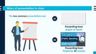 Ways of presentation in class
23
Presenting from
paper or book
The two common presentations are:
01
02
Presenting from
Projector Or screen
 