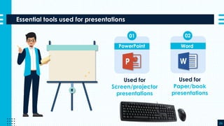Essential tools used for presentations
26
PowerPoint
01 02
Word
Used for
Paper/book
presentations
Used for
Screen/projector
presentations
 