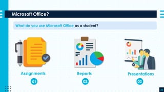 Microsoft Office?
28
What do you use Microsoft Office as a student?
Reports PresentationsAssignments
01 02 03
 