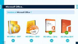 Microsoft Office..
31
Versions of Microsoft Office ?
MS Office - 2007 MS Office – 2010 MS Office – 2016 MS Office 2019
01 02 0403
 