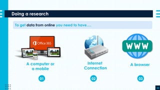 Doing a research
34
To get data from online you need to have….
Internet
Connection
A computer or
a mobile
A browser
01 02 03
 