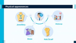 Physical appearances
49
MakeupJewellery
Dress Hair/Scarf
 