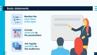 Body statements
52
2019
Mention the
main ideas
of the topic
Include
visual ads to
the presentation
Ask regular
questions to
the audiences
 