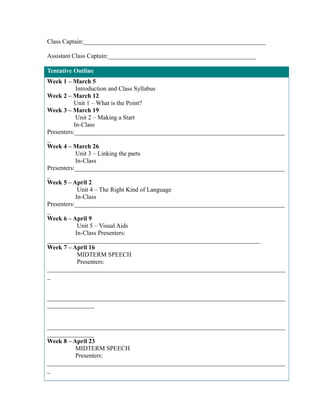 Class Captain:__________________________________________________________
Assistant Class Captain:_______________________________________________
Tentative Outline
Week 1 – March 5
Introduction and Class Syllabus
Week 2 – March 12
Unit 1 – What is the Point?
Week 3 – March 19
Unit 2 – Making a Start
In-Class
Presenters:___________________________________________________________________
_
Week 4 – March 26
Unit 3 – Linking the parts
In-Class
Presenters:___________________________________________________________________
_
Week 5 – April 2
Unit 4 – The Right Kind of Language
In-Class
Presenters:___________________________________________________________________
_
Week 6 – April 9
Unit 5 – Visual Aids
In-Class Presenters:
____________________________________________________________________
Week 7 – April 16
MIDTERM SPEECH
Presenters:
____________________________________________________________________________
_
____________________________________________________________________________
_______________
____________________________________________________________________________
_______________
Week 8 – April 23
MIDTERM SPEECH
Presenters:
____________________________________________________________________________
_

 