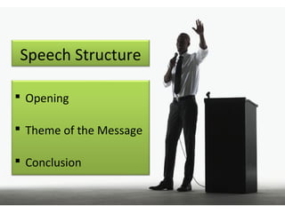Speech Structure 
 Opening 
 Theme of the Message 
 Conclusion 
 