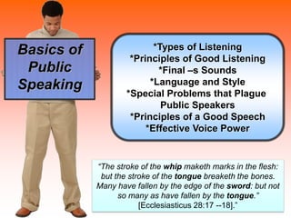Basics of
Public
Speaking
*Types of Listening
*Principles of Good Listening
*Final –s Sounds
*Language and Style
*Special Problems that Plague
Public Speakers
*Principles of a Good Speech
*Effective Voice Power
“The stroke of the whip maketh marks in the flesh:
but the stroke of the tongue breaketh the bones.
Many have fallen by the edge of the sword: but not
so many as have fallen by the tongue.”
[Ecclesiasticus 28:17 --18].”
 