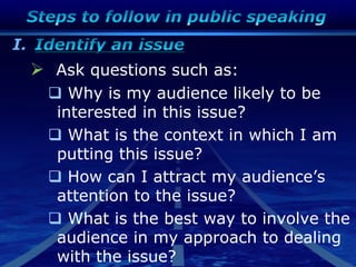 I.
 Ask questions such as:
 Why is my audience likely to be
interested in this issue?
 What is the context in which I am
putting this issue?
 How can I attract my audience‟s
attention to the issue?
 What is the best way to involve the
audience in my approach to dealing
with the issue?
 