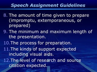Speech Assignment Guidelines
8. The amount of time given to prepare
(impromptu, extemporaneous, or
prepared)
9. The minimum and maximum length of
the presentation.
10.The process for preparation.
11.The kinds of support expected
including visual aids.
12.The level of research and source
citation expected.
 