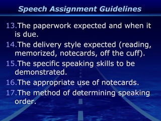 Speech Assignment Guidelines
13.The paperwork expected and when it
is due.
14.The delivery style expected (reading,
memorized, notecards, off the cuff).
15.The specific speaking skills to be
demonstrated.
16.The appropriate use of notecards.
17.The method of determining speaking
order.
 
