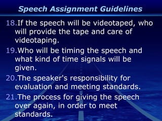 Speech Assignment Guidelines
18.If the speech will be videotaped, who
will provide the tape and care of
videotaping.
19.Who will be timing the speech and
what kind of time signals will be
given.
20.The speaker's responsibility for
evaluation and meeting standards.
21.The process for giving the speech
over again, in order to meet
standards.
 