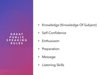 G R E A T
P U B L I C
S P E A K I N G
R U L E S
• Knowledge (Knowledge Of Subject)
• Self-Confidence
• Enthusiasm
• Preparation
• Message
• Listening Skills
 