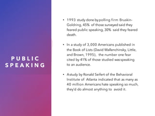 P U B L I C
S P E A K I N G
• 1993 study done bypolling firm Bruskin-
Goldring, 45% of those surveyed said they
feared public speaking, 30% said they feared
death.
• In a study of 3,000 Americans published in
the Book of Lists (David Wallenchinsky, Little,
and Brown, 1995), the number one fear
cited by 41% of those studied wasspeaking
to an audience.
• Astudy by Ronald Seifert of the Behavioral
Institute of Atlanta indicated that as many as
40 million Americans hate speaking so much,
they’d do almost anything to avoid it.
 