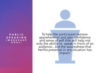 P U B L I C
S P E A K I N G
( W O R K S H O P
G O A L )
To help the participant remove
apprehension and gain confidence
and sense of self that will help not
only the ability to speak in front of an
audience…but the assuredness that
her/his presence in any situation has
impact.
 