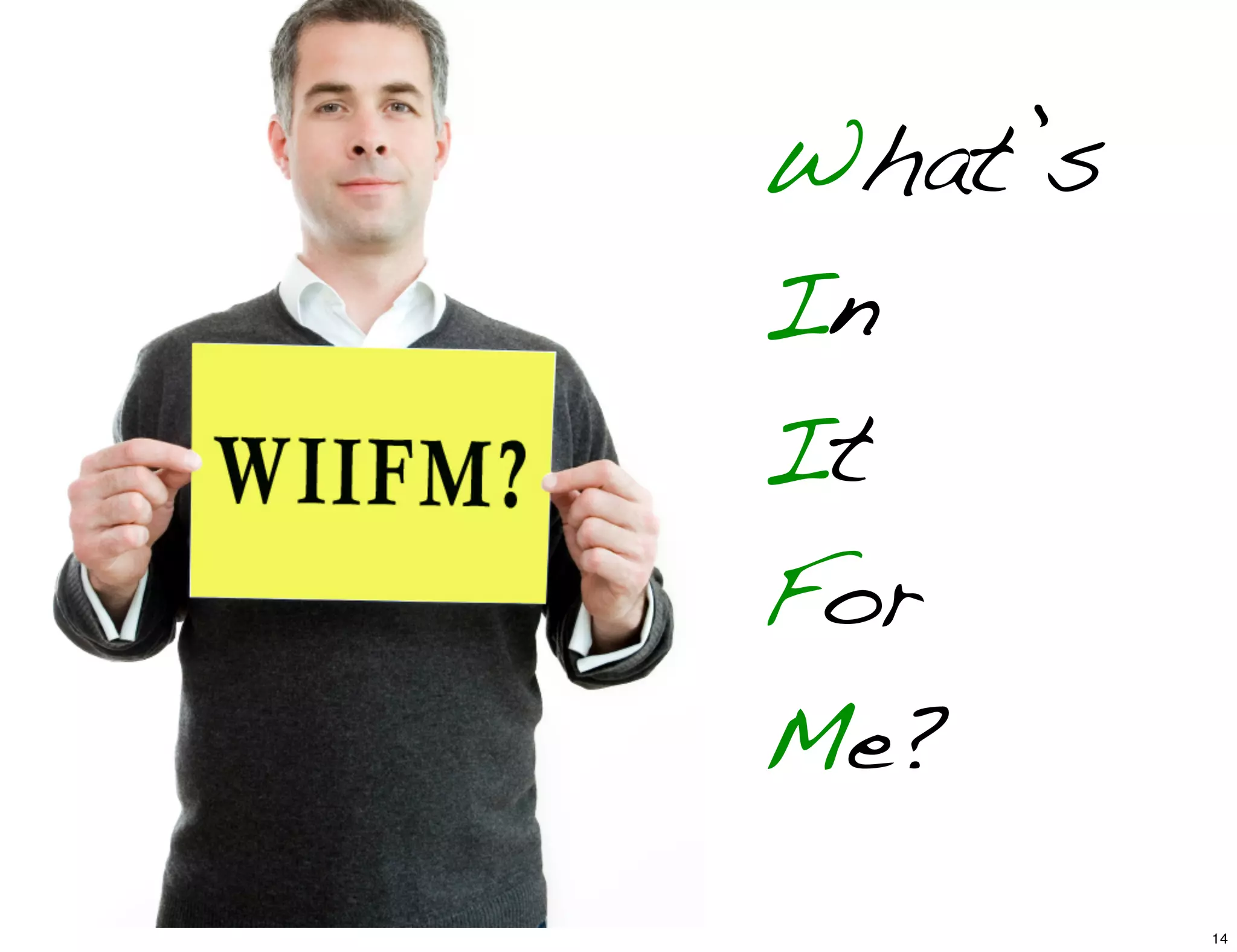 What’s
In
It
For
Me?
14
 