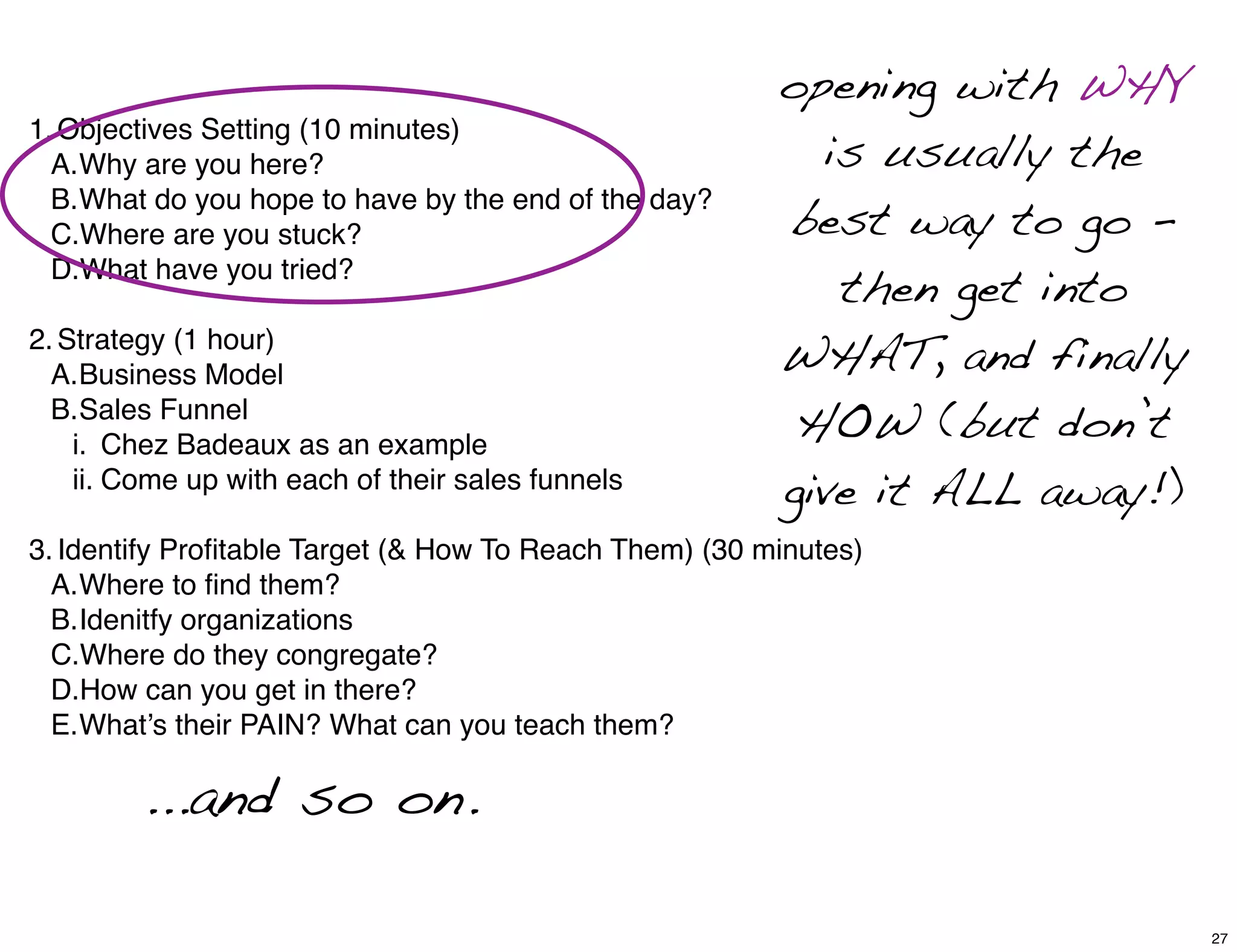 1.Objectives Setting (10 minutes)
A.Why are you here?
B.What do you hope to have by the end of the day?
C.Where are you stuck?
D.What have you tried?
2.Strategy (1 hour)
A.Business Model
B.Sales Funnel
i. Chez Badeaux as an example
ii. Come up with each of their sales funnels
3.Identify Proﬁtable Target (& How To Reach Them) (30 minutes)
A.Where to ﬁnd them?
B.Idenitfy organizations
C.Where do they congregate?
D.How can you get in there?
E.What’s their PAIN? What can you teach them?
opening with WHY
is usually the
best way to go -
then get into
WHAT, and finally
HOW (but don’t
give it ALL away!)
...and so on.
27
 