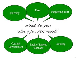 What do you
struggle with most?
Fear
AnxietyContent
Development
Delivery Forgetting stuff
Lack of honest
feedback
4
 