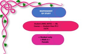 RESPONDENT 
OF STUDY 
Student UNIKL MITEC ---- BIL 
Course----- Student Class PE 2 
13/2C 
15 Student only 
8 Male & 7 
Female 
 