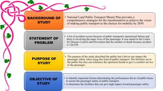 • National Land Public Transport Master Plan provides a 
comprehensive strategies for the transformation to achieve the vision 
of making public transport as the choices for mobility by 2030. 
BACKGROUND OF 
STUDY 
• A lot of accident occurs because of public transport's operational failure and 
there is involving the many lives of the passenger. It was stated in the Centre 
for Disease Control and Prevention that the number of death because accident 
is 126,438. 
STATEMENT OF 
PROBLEM 
• The purpose of the study described the public bus's driver can impact the 
passenger safety when using this kind of public transport. The facilities set in 
the public bus also can influence the operation beside to give a comfort service 
to the passenger. 
PURPOSE OF 
STUDY 
• to identify important factors determining the performance driver of public buses 
to assure the passenger safety in public transport 
• to determine the facilities that can give high impact toward passenger safety 
OBJECTIVE OF 
STUDY 
 