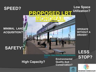 Low Space
SPEED?                                                       Utilization?
               PROPOSED LRT
                 MONORAIL
MINIMAL LAND                                                        OPERATE
ACQUISITION?                                                        WITHOUT A
                                                                    DRIVER?




SAFETY?
                                                                    LESS
                       Sources : Dean Heaton Mobile Hairdressing,
                       2008
                                      Environmental
                                                                    STOP?
          High Capacity?              Quality And
                                      Conservation?
 