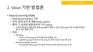 2. Value 기반 방법론
• Deep Q-Learning (DQN)
• Deep Neural Network 기반
• 입력: 현재 상태 및 행동 (State, Action)
• 출력: 그 상태와 행동에서의 가치 (Value)
• 그래서 학습이 완료되면 특정 State에서 행할 수 있는 모든 Action 중 가치를 최대화
할 수 있는 행동 선택
• 특징
• Off-Policy
• 따라서 모든 Episode의 데이터를 학습에 활용 가능
• DQN에서 Episode의 데이터가 On-Policy의 제약이 걸리지 않도록 설계
• Experience Replay memory
• Off-Policy를 위해 Episode 데이터를 저장하는 메모리를 위와 같이 부름
2. Value 기반 방법론
 