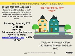 You’re Invited to MARKET UPDATE SEMINAR
“It’s Your Move, Why
Wait?”
何時是買賣房子的好時機？
Is now a good time to buy or sell?
Join u...