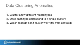 1. Cluster a few different record types
2. Does each type correspond to a single cluster?
3. Which records don’t cluster well? (far from centroid)
Data Clustering Anomalies
 