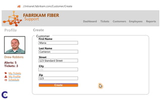 Create
                  //intranet.fabrikam.com/Customer/Create


                  FABRIKAM FIBER
                   Support
                                                            Dashboard   Tickets   Customers   Employees   Reports


  Profile                Create
                            Customer
                              First Name
                               Maria

                              Last Name
                               Cameron

  Drew Robbins                Street
                              123 Standard Street
  Alerts: 5
  Tickets: 3                  City
                              city
     My Tickets
                              Zip
     My Profile
     Schedule                 123

                                           Create
 