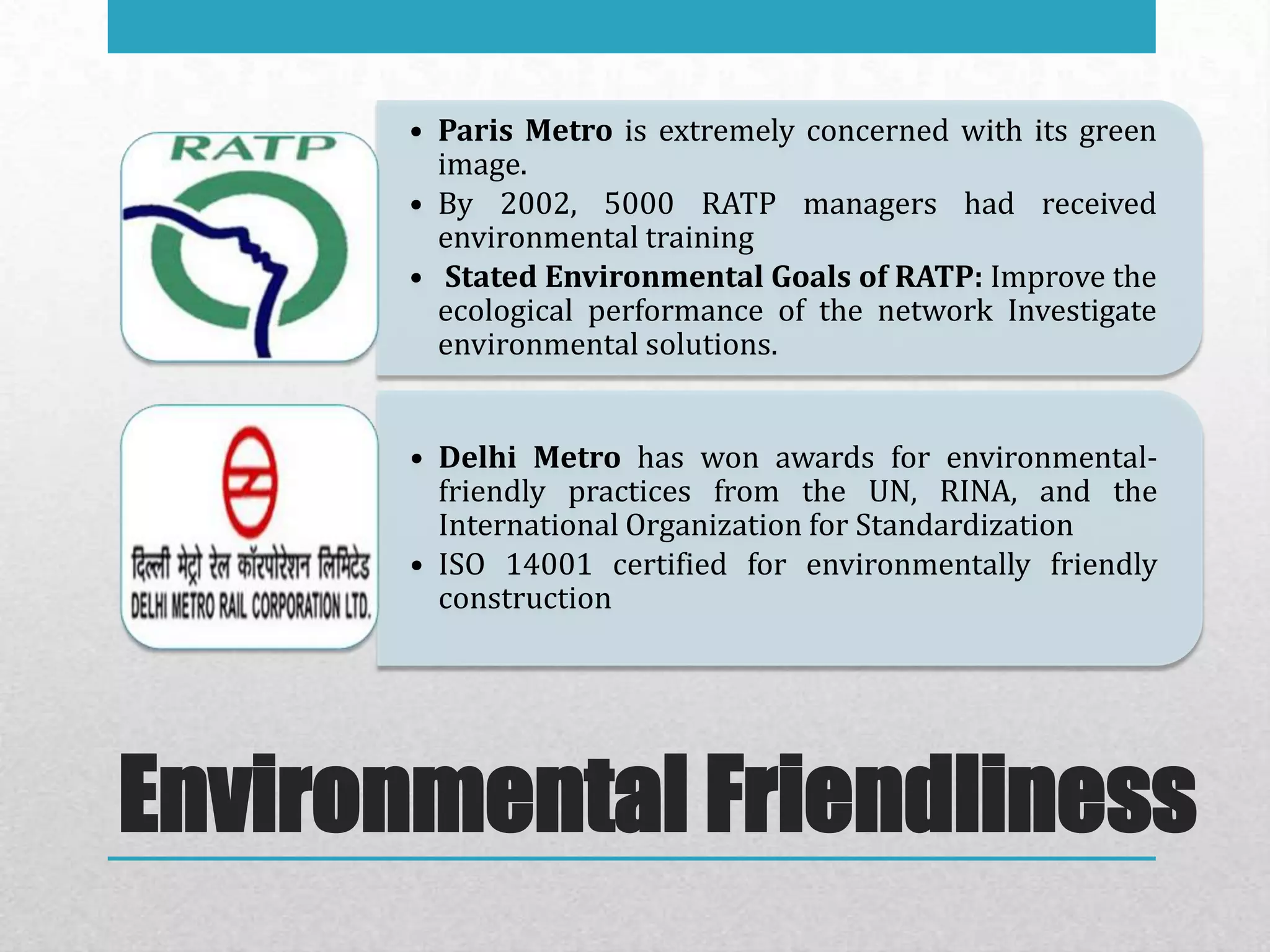 • Paris Metro is extremely concerned with its green
         image.
       • By 2002, 5000 RATP managers had received
         environmental training
       • Stated Environmental Goals of RATP: Improve the
         ecological performance of the network Investigate
         environmental solutions.


       • Delhi Metro has won awards for environmental-
         friendly practices from the UN, RINA, and the
         International Organization for Standardization
       • ISO 14001 certified for environmentally friendly
         construction




Environmental Friendliness
 