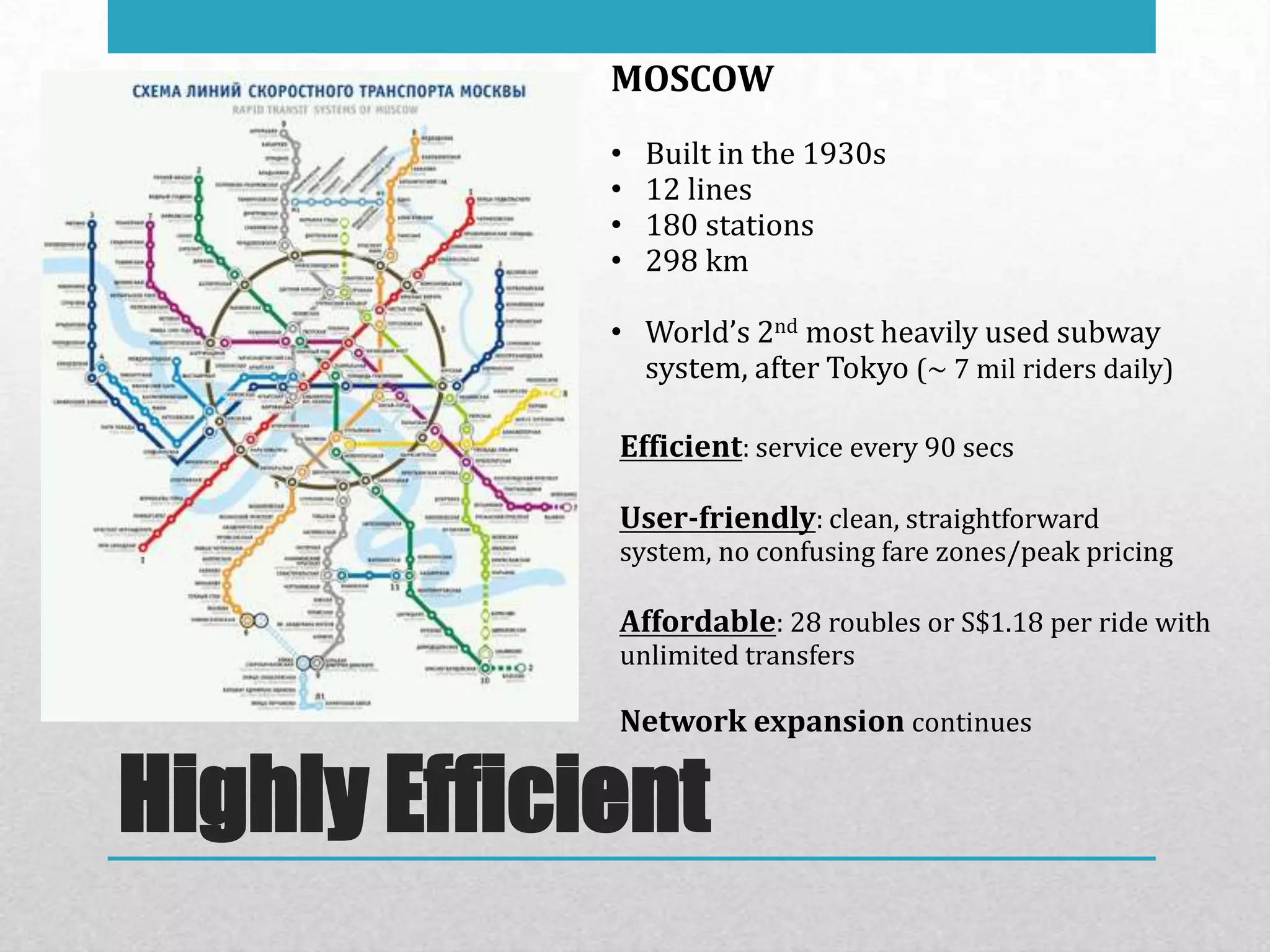 MOSCOW
             •   Built in the 1930s
             •   12 lines
             •   180 stations
             •   298 km

             • World’s 2nd most heavily used subway
               system, after Tokyo (~ 7 mil riders daily)

             Efficient: service every 90 secs

             User-friendly: clean, straightforward
             system, no confusing fare zones/peak pricing

             Affordable: 28 roubles or S$1.18 per ride with
             unlimited transfers

             Network expansion continues


Highly Efficient
 