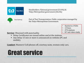 Stockholders: National government (53.4%) &
                       Tokyo Metropolitan government (46.6%)



       Toei Subway     Part of Toei Transportation: Public corporation managed by
                       the Tokyo Metropolitan Government.

                                                               •   Started in 1920s
                                                               •   13 lines
                                                               •   274 stations
Service: Obsessed with punctuality.                            •   8.7 mil riders daily
     Delay Certificates are issued online and at the stations.
     Any delay 15 min or more is announced on website (PC and
      mobile).

Comfort: Manners! Cell phones off, courtesy seats, women-only cars.



Great service
 