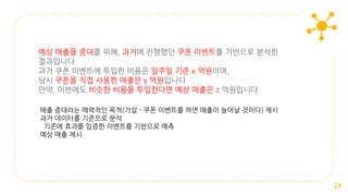 예상 매출을 증대를 위해, 과거에 진행했던 쿠폰 이벤트를 기반으로 분석한
결과입니다
과거 쿠폰 이벤트에 투입한 비용은 일주일 기준 x 억원이며,
당시 쿠폰을 직접 사용한 매출은 y 억원입니다
만약, 이번에도 비슷한 비용을 투입한다면 예상 매출은 z 억원입니다
24
매출 증대라는 매력적인 목적(가설 - 쿠폰 이벤트를 하면 매출이 늘어날 것이다) 제시
과거 데이터를 기준으로 분석
기존에 효과를 입증한 이벤트를 기반으로 예측
예상 매출 제시
 