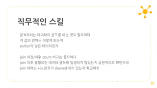직무적인 스킬
30
분석하려는 데이터의 분포를 아는 것이 필요하다
각 값의 범위는 어떻게 되는지
outlier가 많은 데이터인가
join 이전/이후 count 비교는 중요하다
join 이후 불필요한 데이터 중복이 발생하지 않았는지 습관적으로 확인하라
join 하려는 key 분포가 skewed 되어 있는지 확인하자
 