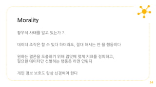 황우석 사태를 알고 있는가 ?
데이터 조작은 할 수 있다 하더라도, 절대 해서는 안 될 행동이다
원하는 결론을 도출하기 위해 입맛에 맞게 지표를 정의하고,
필요한 데이터만 선별하는 행동은 하면 안된다
개인 정보 보호도 항상 신경써야 한다
Morality
34
 