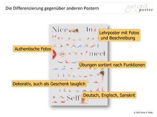 © 2015 Enno E. Peter
Die Differenzierung gegenüber anderen Postern
Lehrposter mit Fotos
und Beschreibung
Authentische Fotos
Dekorativ, auch als Geschenk tauglich
Deutsch, Englisch, Sanskrit
Übungen sortiert nach Funktionen
 