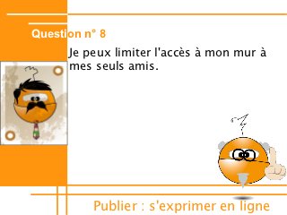 Question n° 8
      Je peux limiter l'accès à mon mur à
      mes seuls amis.




          Publier : s'exprimer en ligne
 
