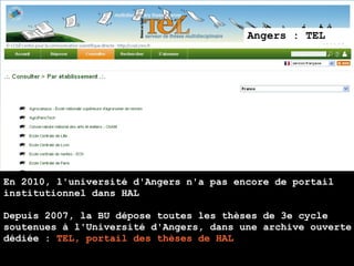 Angers : TEL




En 2010, l'université d'Angers n'a pas encore de portail
institutionnel dans HAL

Depuis 2007, la BU dépo...