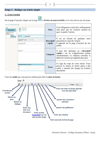 5

  Etape 3 – Rédiger un article simple

  1 – Créer l’article

  Sur la page d’accueil, cliquez sur le logo      (« Ecrire un nouvel article ») et vous arrivez sur cet écran.


                                                                       Il est obligatoire et doit être suffisamment
                                                            Titre      clair pour que les visiteurs sachent de
                                                                       quoi va parler l’article.


                                                                  Il est un résumé de quelques mots
                                                       Descriptif présentant le sujet de l’article.
                                                        rapide    Il apparaît sur la page d’accueil du site
                                                                  public.

                                                                       Il peut être identique au « descriptif
                                                                       rapide » car ils n’apparaissent jamais
                                                           Chapeau
                                                                       simultanément. Le chapeau constitue le
                                                                       début de l’article qui apparaît plus gros.

                                                                       Il s’agit du corps de votre article. Vous
                                                                       pouvez le mettre en forme grâce à des
                                                            Texte
                                                                       outils, y rajouter des images ou d’autres
                                                                       documents.


  Voici les outils que vous pouvez utiliser pour faire la mise en forme.




                                                                      Faire une mise en forme spéciale
Transformer                                                                  avec du code html
  en titre

     Mettre en
       gras                                                           Ajouter des caractères
            Mettre en                                                       spéciaux
             italique

                         Faire une                                    Ajouter des guillemets
                         liste avec
                         des puces      Faire un lien
                                      (hyperlien) sur un            Faire une citation
                                      mot ou une image
                                                              Faire une note de bas de page




                                                                 Christine Fiasson - Collège Germaine Tillion - Lardy
 