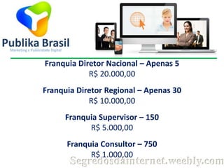 Franquia Diretor Nacional – Apenas 5
R$ 20.000,00

Franquia Diretor Regional – Apenas 30
R$ 10.000,00
Franquia Supervisor – 150
R$ 5.000,00
Franquia Consultor – 750
R$ 1.000,00

Segredosdainternet.weebly.com

 