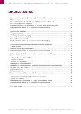 © Nationales Zentrum Frühe Hilfen (NZFH) und Felsenweg-Institut der Karl Kübel Stiftung für Kind und Familie
14 | KOMPETENZORIENTIERTES ARBEITEN IN DER QUALIFIZIERUNG VON FAMHEB UND FGKiKP
INHALTSVERZEICHNIS
1	 Kompetenzorientierung in der Qualifizierung für die Frühen Hilfen. . . . . . . . . . . . . . . . . . . . . . . . . . . . . . . . . . . . . . . . . 15
1.1	 Was sind Kompetenzen?. . . . . . . . . . . . . . . . . . . . . . . . . . . . . . . . . . . . . . . . . . . . . . . . . . . . . . . . . . . . . . . . . . . . . . . . . . . . . . . . 15
1.2	 Die Kompetenzprofile der Familienhebamme und der Familien- Gesundheits- und
	 Kinderkrankenpflegerinnen und -pfleger . . . . . . . . . . . . . . . . . . . . . . . . . . . . . . . . . . . . . . . . . . . . . . . . . . . . . . . . . . . . . . . . . 16
1.3	 Kompetenzorientierung in der Weiterbildung für die Frühen Hilfen: Orientierungsrahmen . . . . . . . . . . . . . . . . . . . . 17
1.4 	 Eine Zwischenbilanz: Schlüsse für die kompetenzorientierte Weiterbildung . . . . . . . . . . . . . . . . . . . . . . . . . . . . . . . . . . 19
2	 Lerntheoretische Grundlagen . . . . . . . . . . . . . . . . . . . . . . . . . . . . . . . . . . . . . . . . . . . . . . . . . . . . . . . . . . . . . . . . . . . . . . . . . . . 20
2.1	 Wie lernen Erwachsene? . . . . . . . . . . . . . . . . . . . . . . . . . . . . . . . . . . . . . . . . . . . . . . . . . . . . . . . . . . . . . . . . . . . . . . . . . . . . . . . 20
2.2	 Wie »lernen« Menschen Kompetenzen? . . . . . . . . . . . . . . . . . . . . . . . . . . . . . . . . . . . . . . . . . . . . . . . . . . . . . . . . . . . . . . . . . . 22
2.3	 Kann man Kompetenzen beschreiben? . . . . . . . . . . . . . . . . . . . . . . . . . . . . . . . . . . . . . . . . . . . . . . . . . . . . . . . . . . . . . . . . . . . 23
2.4	 Kann man Kompetenzen lehren? . . . . . . . . . . . . . . . . . . . . . . . . . . . . . . . . . . . . . . . . . . . . . . . . . . . . . . . . . . . . . . . . . . . . . . . . 24
2.5	 Eine Zwischenbilanz: Schlüsse für die kompetenzorientierte Weiterbildung . . . . . . . . . . . . . . . . . . . . . . . . . . . . . . . . . . 26
3	 Methodisch-didaktisches Handeln in der kompetenzorientierten Weiterbildung . . . . . . . . . . . . . . . . . . . . . . . . . . . . . . 27
3.1	 Was sind Methoden?. . . . . . . . . . . . . . . . . . . . . . . . . . . . . . . . . . . . . . . . . . . . . . . . . . . . . . . . . . . . . . . . . . . . . . . . . . . . . . . . . . . 27
3.2	 Bedeutende Aspekte methodischen Handelns . . . . . . . . . . . . . . . . . . . . . . . . . . . . . . . . . . . . . . . . . . . . . . . . . . . . . . . . . . . . . 28
3.3	 Eine Zwischenbilanz: Schlüsse für die kompetenzorientierte Weiterbildung . . . . . . . . . . . . . . . . . . . . . . . . . . . . . . . . . . . 36
4	 Leitlinien für methodisches Handeln in einer kompetenzorientierten Weiterbildung. . . . . . . . . . . . . . . . . . . . . . . . . . . 37
4.1	Teilnehmendenorientierung. . . . . . . . . . . . . . . . . . . . . . . . . . . . . . . . . . . . . . . . . . . . . . . . . . . . . . . . . . . . . . . . . . . . . . . . . . . . . 37
4.2	 Aufbau der Module und Lebensweltbezug . . . . . . . . . . . . . . . . . . . . . . . . . . . . . . . . . . . . . . . . . . . . . . . . . . . . . . . . . . . . . . . . 38
4.3	 Aneignung von Wissen. . . . . . . . . . . . . . . . . . . . . . . . . . . . . . . . . . . . . . . . . . . . . . . . . . . . . . . . . . . . . . . . . . . . . . . . . . . . . . . . . 39
4.4	 Aneignung von Lernstrategien . . . . . . . . . . . . . . . . . . . . . . . . . . . . . . . . . . . . . . . . . . . . . . . . . . . . . . . . . . . . . . . . . . . . . . . . . . 39
4.5	 Entwicklung von Reflexionskompetenz. . . . . . . . . . . . . . . . . . . . . . . . . . . . . . . . . . . . . . . . . . . . . . . . . . . . . . . . . . . . . . . . . . . 40
4.6	 Entwicklung von Handlungskompetenz durch offene und herausfordernde Handlungssituationen . . . . . . . . . . . . . . 40
4.7	 Die Brücke in die Praxis schlagen. . . . . . . . . . . . . . . . . . . . . . . . . . . . . . . . . . . . . . . . . . . . . . . . . . . . . . . . . . . . . . . . . . . . . . . . 41
4.8	 An Haltungen arbeiten. . . . . . . . . . . . . . . . . . . . . . . . . . . . . . . . . . . . . . . . . . . . . . . . . . . . . . . . . . . . . . . . . . . . . . . . . . . . . . . . . 41
4.9	 Individualisiertes Lernen. . . . . . . . . . . . . . . . . . . . . . . . . . . . . . . . . . . . . . . . . . . . . . . . . . . . . . . . . . . . . . . . . . . . . . . . . . . . . . . 42
4.10	 Ressourcenorientiertes Arbeiten lernt man durch ressourcenorientiertes Arbeiten. . . . . . . . . . . . . . . . . . . . . . . . . . . . . 42
5	 Anforderungen an Kursleitung sowie Referentinnen und Referenten. . . . . . . . . . . . . . . . . . . . . . . . . . . . . . . . . . . . . . . . . 43
5.1	 Aufgaben der Kursleitung . . . . . . . . . . . . . . . . . . . . . . . . . . . . . . . . . . . . . . . . . . . . . . . . . . . . . . . . . . . . . . . . . . . . . . . . . . . . . . 43
5.2	 Kompetenzen für die Kursleitung und die Tätigkeit als Referentin und Referent . . . . . . . . . . . . . . . . . . . . . . . . . . . . . . . 44
5.3	 Eine Zwischenbilanz: Schlüsse für die kompetenzorientierte Weiterbildung. . . . . . . . . . . . . . . . . . . . . . . . . . . . . . . . . . . 46
6	 Material und Literatur . . . . . . . . . . . . . . . . . . . . . . . . . . . . . . . . . . . . . . . . . . . . . . . . . . . . . . . . . . . . . . . . . . . . . . . . . . . . . . . . . 47
 