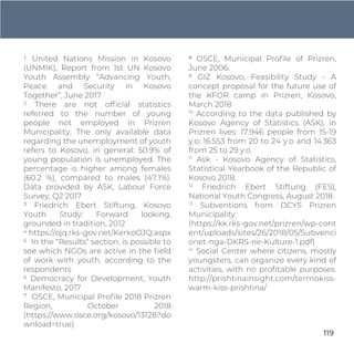 1 United Nations Mission in Kosovo
(UNMIK), Report from 1st UN Kosovo
Youth Assembly “Advancing Youth,
Peace and Security in Kosovo
Together”, June 2017
2 There are not ofﬁcial statistics
referred to the number of young
people not employed in Prizren
Municipality. The only available data
regarding the unemployment of youth
refers to Kosovo, in general: 50.9% of
young population is unemployed. The
percentage is higher among females
(60.2 %), compared to males (47.1%).
Data provided by ASK, Labour Force
Survey, Q2 2017
3 Friedrich Ebert Stiftung, Kosovo
Youth Study: Forward looking,
grounded in tradition, 2012
4 https://ojq.rks-gov.net/KerkoOJQ.aspx
5 In the “Results” section, is possible to
see which NGOs are active in the ﬁeld
of work with youth, according to the
respondents
6 Democracy for Development, Youth
Manifesto, 2017
⁷ OSCE, Municipal Proﬁle 2018 Prizren
Region, October 2018
(https://www.osce.org/kosovo/13128?do
wnload=true)
8 OSCE, Municipal Proﬁle of Prizren,
June 2006.
9 GIZ Kosovo, Feasibility Study - A
concept proposal for the future use of
the KFOR camp in Prizren, Kosovo,
March 2018
10
According to the data published by
Kosovo Agency of Statistics (ASK), in
Prizren lives: 17.946 people from 15-19
y.o; 16.553 from 20 to 24 y.o and 14.363
from 25 to 29 y.o.
11
Ask - Kosovo Agency of Statistics,
Statistical Yearbook of the Republic of
Kosovo 2018.
12
Friedrich Ebert Stiftung (FES),
National Youth Congress, August 2018
13
Subventions from DCYS Prizren
Municipality
(https://kk.rks-gov.net/prizren/wp-cont
ent/uploads/sites/26/2018/05/Subvenci
onet-nga-DKRS-ne-Kulture-1.pdf)
14
Social Center where citizens, mostly
youngsters, can organize every kind of
activities, with no proﬁtable purposes.
http://prishtinainsight.com/termokiss-
warm-kiss-prishtina/
119
 