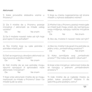 Aktivnosti
1) Kako provodite slobodno vreme u
Prizrenu?
_________________________________________
2) Da li mislite da u Prizrenu postoje
inicijative / aktivnosti za mlade vašeg
uzrasta?
Da Ne Ne znam
3) Da li možete navesti neke od njih koje
poznajete ili ste pohađali?
_________________________________________
4) Šta mislite koje su vaše potrebe i
potrebe mladi ljudi?
_________________________________________
5) Dali se organizuju dovoljno aktivnosti za
ispunjavanje potreba mladih?
Da Ne Ne znam
6) Dali mislite da se ove potrebe mogu
ispuniti razvijajući ili sprovodeći nove
aktivnosti / inicijative?
Da Ne Ne znam
7 Koje vrste aktivnosti mislite da se mogu
realizovati za mlade u Prizrenu? (kao i za
mlade ljude sa sela)
_________________________________________
Mesto
1) Koja su mesta najposećenija od strane
mladih u njihovo slobodno vreme?
_________________________________________
2) Mislite li da u Prizrenu postoji mesto gde
se mladi ljudi mogu sresti, da razmjenjuju
svoja mišljenja, razvijaju različite inicijative
itd. ?
Da Ne Ne znam
3) Ako da, možete li navesti neke od njih?
_________________________________________
4) Ako ne, mislite li da grad ima potrebe za
jednu vrstu „omladinskog prostora“?
Da Ne Ne znam
5) Kako zamišljate ovaj „omladinski
prostor“? Šta treba da sadrži i obuhvati?
_________________________________________
6) Koje vrste inicijativa i aktivnosti treba da
se razvijaju u jednom „omladinskom
prostoru“?
_________________________________________
7) Gde mislite da je najbolje mesto za
jedan takav prosotor? Možete li da
speciﬁkujuete poželjnu zonu?
_________________________________________
121
 