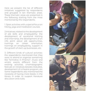 Here we present the list of different
initiatives suggested by respondents
and grouped in ten thematic areas.
These thematic areas are presented in
the following starting from the most
mentioned by the respondents.
1. Sport activities with a special focus on
hiking, yoga and meditation courses
2.Initiatives related to the development
of job skills and employability: the
development of vocational training
and internship, the development of an
info point about job opportunities,
trainings on career orientation,
trainings on employability, support in
the growth of start-up businesses, etc.
3. Different kinds of cultural activities:
the respondents mentioned that they
want to attend or organize something
like Termokiss in Pristina14
, music and
artistic events different from the
existing activities, cinematographic
festivals or initiatives besides Dokufest,
development of a theatre program, etc.
Some respondents also mentioned the
necessity of having more books in the
library in order to support literature
discussion and clubs.
19
 