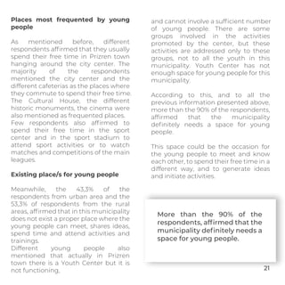 Places most frequented by young
people
As mentioned before, different
respondents afﬁrmed that they usually
spend their free time in Prizren town
hanging around the city center. The
majority of the respondents
mentioned the city center and the
different cafeterias as the places where
they commute to spend their free time.
The Cultural House, the different
historic monuments, the cinema were
also mentioned as frequented places.
Few respondents also afﬁrmed to
spend their free time in the sport
center and in the sport stadium to
attend sport activities or to watch
matches and competitions of the main
leagues.
Existing place/s for young people
Meanwhile, the 43,3% of the
respondents from urban area and the
53,3% of respondents from the rural
areas, afﬁrmed that in this municipality
does not exist a proper place where the
young people can meet, shares ideas,
spend time and attend activities and
trainings.
Different young people also
mentioned that actually in Prizren
town there is a Youth Center but it is
not functioning,
and cannot involve a sufﬁcient number
of young people. There are some
groups involved in the activities
promoted by the center, but these
activities are addressed only to these
groups, not to all the youth in this
municipality. Youth Center has not
enough space for young people for this
municipality.
According to this, and to all the
previous information presented above,
more than the 90% of the respondents,
afﬁrmed that the municipality
deﬁnitely needs a space for young
people.
This space could be the occasion for
the young people to meet and know
each other, to spend their free time in a
different way, and to generate ideas
and initiate activities.
More than the 90% of the
respondents, afﬁrmed that the
municipality deﬁnitely needs a
space for young people.
21
 