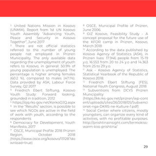 1 United Nations Mission in Kosovo
(UNMIK), Report from 1st UN Kosovo
Youth Assembly “Advancing Youth,
Peace and Security in Kosovo
Together”, June 2017
2 There are not ofﬁcial statistics
referred to the number of young
people not employed in Prizren
Municipality. The only available data
regarding the unemployment of youth
refers to Kosovo, in general: 50.9% of
young population is unemployed. The
percentage is higher among females
(60.2 %), compared to males (47.1%).
Data provided by ASK, Labour Force
Survey, Q2 2017
3 Friedrich Ebert Stiftung, Kosovo
Youth Study: Forward looking,
grounded in tradition, 2012
4 https://ojq.rks-gov.net/KerkoOJQ.aspx
5 In the “Results” section, is possible to
see which NGOs are active in the ﬁeld
of work with youth, according to the
respondents
6 Democracy for Development, Youth
Manifesto, 2017
⁷ OSCE, Municipal Proﬁle 2018 Prizren
Region, October 2018
(https://www.osce.org/kosovo/13128?do
wnload=true)
8 OSCE, Municipal Proﬁle of Prizren,
June 2006.
9 GIZ Kosovo, Feasibility Study - A
concept proposal for the future use of
the KFOR camp in Prizren, Kosovo,
March 2018
10
According to the data published by
Kosovo Agency of Statistics (ASK), in
Prizren lives: 17.946 people from 15-19
y.o; 16.553 from 20 to 24 y.o and 14.363
from 25 to 29 y.o.
11
Ask - Kosovo Agency of Statistics,
Statistical Yearbook of the Republic of
Kosovo 2018.
12
Friedrich Ebert Stiftung (FES),
National Youth Congress, August 2018
13
Subventions from DCYS Prizren
Municipality
(https://kk.rks-gov.net/prizren/wp-cont
ent/uploads/sites/26/2018/05/Subvenci
onet-nga-DKRS-ne-Kulture-1.pdf)
14
Social Center where citizens, mostly
youngsters, can organize every kind of
activities, with no proﬁtable purposes.
http://prishtinainsight.com/termokiss-
warm-kiss-prishtina/
29
 