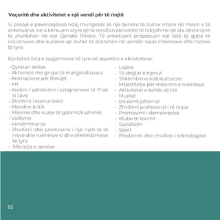 52
Veçoritë dhe aktivitetet e një vendi për të rinjtë
Si pasojë e pakënaqësisë ndaj mungesës së një qendre të duhur rinore në mesin e të
anketuarve, ne u kërkuam atyre që të rendisin aktivitete të ndryshme që ata dëshirojnë
të zhvillohen në një Qendër Rinore. Të anketuarit propozuan një listë të gjatë të
iniciativave dhe kurseve që duhet të zbatohen në qendër sipas interesave dhe hobive
të tyre.
Kjo është lista e sugjerimeve të tyre në aspektin e aktiviteteve:
• Qytetari aktive
• Aktivitete me grupe të margjinalizuara
• Animacione për fëmijët
• Art
• Kodim / përdorimi i programeve të IT-së
si Java
• Zhvillimi i komunitetit
• Mendim kritik
• Mësime dhe kurse të gatimit/kuzhinës
• Vallëzim
• Vendimmarrje
• Zhvillimi dhe promovimi i një rrjeti të të
rinjve dhe nxënësve si dhe shkëmbimeve
të tyre
• Mbrojtja e qenëve
• Lojëra
• Të drejtat e njeriut
• Shkëmbime ndërkulturore
• Mbështetje për mësimin e nxënësve
• Aktivitetet e kohës së lirë
• Muzikë
• Edukimi joformal
• Zhvillimi profesional i të rinjve
• Promovimi i demokracisë
• Klube të leximit
• Socializim
• Sport
• Përdorimi dhe zhvillimi i teknologjisë.
52
 