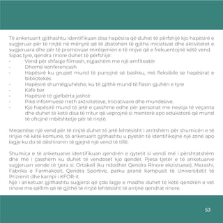 Të anketuarit gjithashtu identiﬁkuan disa hapësira që duhet të përfshijë kjo hapësirë e
sugjeruar për të rinjtë në mënyrë që të zbatohen të gjitha iniciativat dhe aktivitetet e
sugjeruara dhe për të promovuar mirëqenien e të rinjve që e frekuentojnë këtë vend.
Sipas tyre, qendra rinore duhet të përfshijë:
• Vend për shfaqje ﬁlmash, ngjashëm me një amﬁteatër
• Dhomë konferencash
• Hapësirë ku grupet mund të punojnë së bashku, më ﬂeksibile se hapësirat e
bibliotekës
• Hapësirë shumëgjuhëshe, ku të gjithë mund të ﬂasin gjuhën e tyre
• Kafe bar
• Hapësirë të gjelbërta jashtë
• Pikë informuese rreth aktiviteteve, iniciativave dhe mundësive.
• Kjo hapësirë mund të jetë e çasshme edhe për personat me nevoja të veçanta
dhe duhet të ketë disa të rritur që veprojnë si mentorë apo edukatorë që mund
të ofrojnë mbështetje për të rinjtë.
Meqenëse një vend për të rinjtë duhet të jetë lehtësisht i arritshëm për shumicën e të
rinjve në këtë komunë, të anketuarit gjithashtu u pyetën të identiﬁkojnë një zonë apo
lagje ku do të dëshironin të gjejnë një vend të tillë.
Shumica e të anketuarve identiﬁkuan qendrën e qytetit si vendi më i përshtatshëm
dhe më i çasshëm ku duhet të vendoset kjo qendër. Pjesa tjetër e të anketuarve
sugjeruan vende të tjera si: Ortakoll (ku ndodhet Qendra Rinore ekzistuese), Marashi,
Fabrika e Farmakosit, Qendra Sportive, parku pranë kampusit të Universitetit të
Prizrenit dhe kampi i KFOR-it.
Një i anketuar gjithashtu sugjeroi që çdo lagje e madhe duhet të ketë qendrën e vet
rinore me qëllim që të gjithë të rinjtë lehtësisht të arrijnë qendrat rinore.
53
 