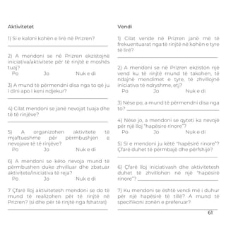 Aktivitetet
1) Si e kaloni kohën e lirë në Prizren?
_________________________________________
2) A mendoni se në Prizren ekzistojnë
iniciativa/aktivitete për të rinjtë e moshës
tuaj?
Po Jo Nuk e di
3) A mund të përmendni disa nga to që ju
i dini apo i keni ndjekur?
_________________________________________
4) Cilat mendoni se janë nevojat tuaja dhe
të të rinjëve?
_________________________________________
5) A organizohen aktivitete të
mjaftueshme për përmbushjen e
nevojave të të rinjëve?
Po Jo Nuk e di
6) A mendoni se këto nevoja mund të
përmbushen duke zhvilluar dhe zbatuar
aktivitete/iniciativa të reja?
Po Jo Nuk e di
7 Çfarë lloj aktivitetesh mendoni se do të
mund të realizohen për të rinjtë në
Prizren? (si dhe për të rinjtë nga fshatrat)
_________________________________________
Vendi
1) Cilat vende në Prizren janë më të
frekuentuarat nga të rinjtë në kohën e tyre
të lirë?
_________________________________________
2) A mendoni se në Prizren ekziston një
vend ku të rinjtë mund të takohen, të
ndajnë mendimet e tyre, të zhvillojnë
iniciativa të ndryshme, etj?
Po Jo Nuk e di
3) Nëse po, a mund të përmendni disa nga
to? ______________________________________
4) Nëse jo, a mendoni se qyteti ka nevojë
për një lloj “hapësire rinore”?
Po Jo Nuk e di
5) Si e mendoni ju këtë "hapësirë rinore”?
Çfarë duhet të përmbajë dhe përfshijë?
_________________________________________
6) Çfarë lloj iniciativash dhe aktivitetesh
duhet të zhvillohen në një “hapësirë
rinore”? _________________________________
7) Ku mendoni se është vendi më i duhur
për një hapësirë të tillë? A mund të
speciﬁkoni zonën e preferuar?
_________________________________________
61
 