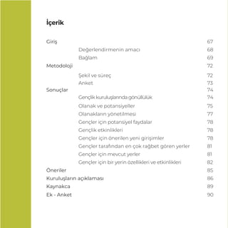 Giriş 67
Değerlendirmenin amacı 68
Bağlam 69
Metodoloji 72
Şekil ve süreç 72
Anket 73
Sonuçlar 74
Gençlikkuruluşlarındagönüllülük 74
Olanak ve potansiyeller 75
Olanakların yönetilmesi 77
Gençler için potansiyel faydalar 78
Gençlik etkinlikleri 78
Gençler için önerilen yeni girişimler 78
Gençler tarafından en çok rağbet gören yerler 81
Gençler için mevcut yerler 81
Gençler için bir yerin özellikleri ve etkinlikleri 82
Öneriler 85
Kuruluşların açıklaması 86
Kaynakca 89
Ek - Anket 90
İçerik
 